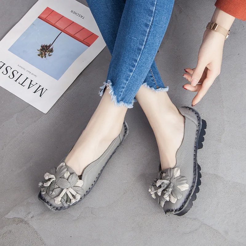 Woman shoes Autumn handmade fashion casual leather flowers single shoes comfortable soft soles pregnant women flat shoes