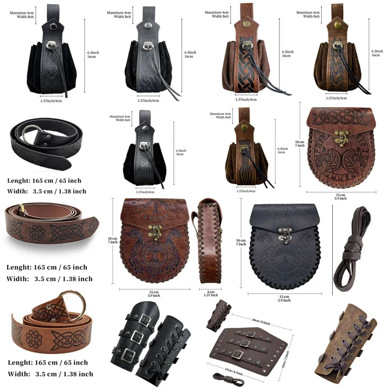 Viking Renaissance cosplay fantasy belt pouch bracers medieval pirate costume accessories brown black waist bag fanny pack props