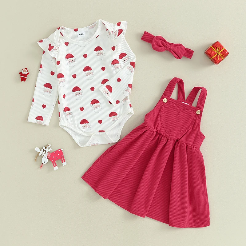 

Baby Girls Christmas Clothes Santa Claus Print Long Sleeves Romper and Corduroy Suspenders Dress Headband Fall Outfit