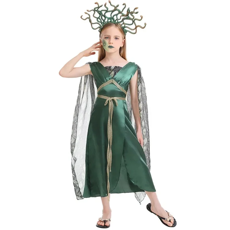 Girls Greek Mythology Gorgon Medusa Cosplay Costume Medusa Green Split Long Dress Costumes Party Halloween Costume