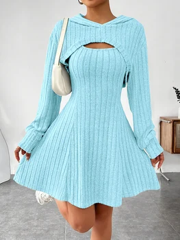 Women's blue ribbed knitted vest dress, short long sleeved top slim fit two-piece set, autumn and winter 1