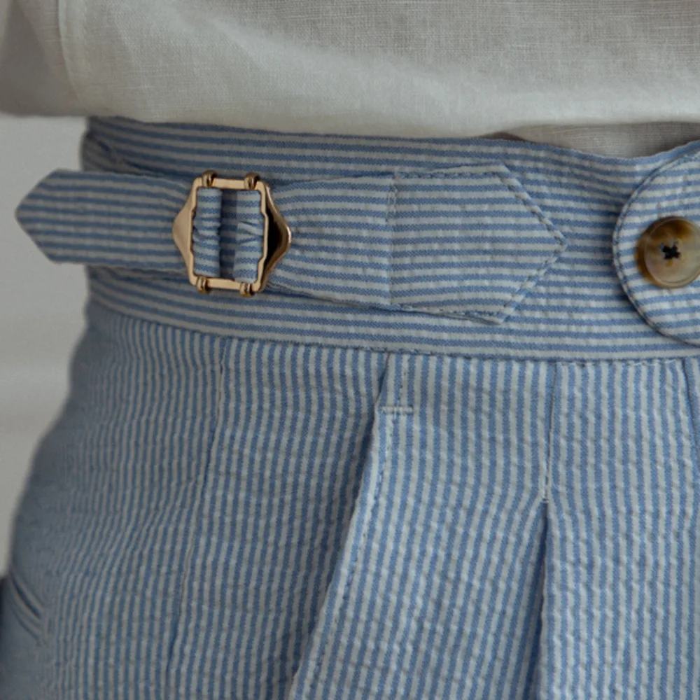 Summer Seersucker High Waist Straight Pants British Petty Bourgeoisie Blue Stripe Italian Casual Trousers Men Pantalones Hombre men pants