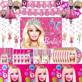 디즈니 바비 생일 파티 장식 용품, 종이 접시 컵, 냅킨 풍선 배너 배경 식기, 베이비 샤워 핑크