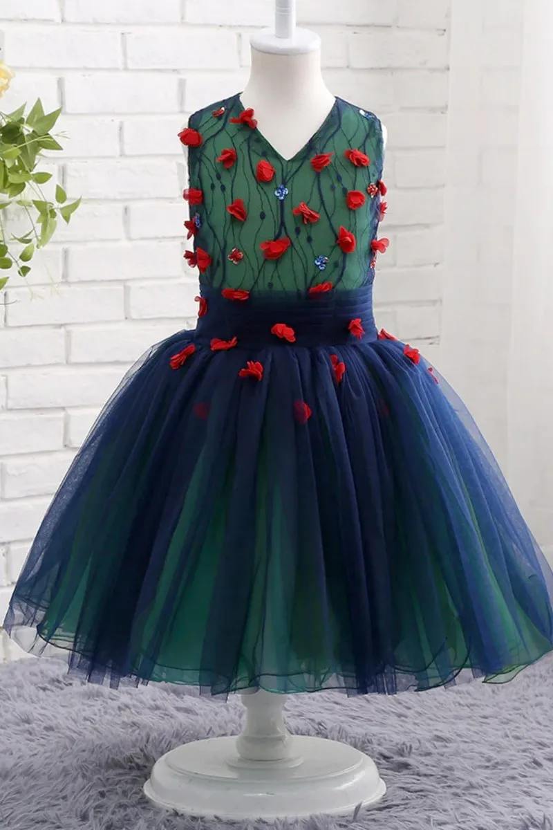 

Flower Girl Dress Green And Blue Puffy Tulle Appliques With 3D Flower Sleeveless Fit Wedding Birthday Prom Gowns