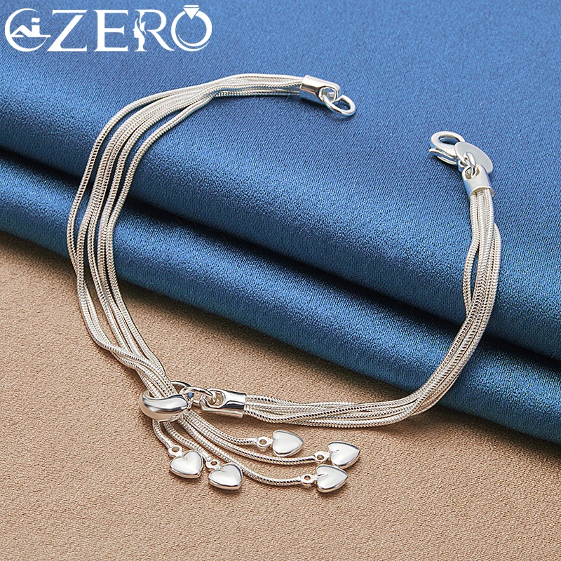 925 Sterling Silver Jewelry Set Snake Chain Hanging Heart Bracelets Necklaces Earrings for Women Wedding Charm Gift