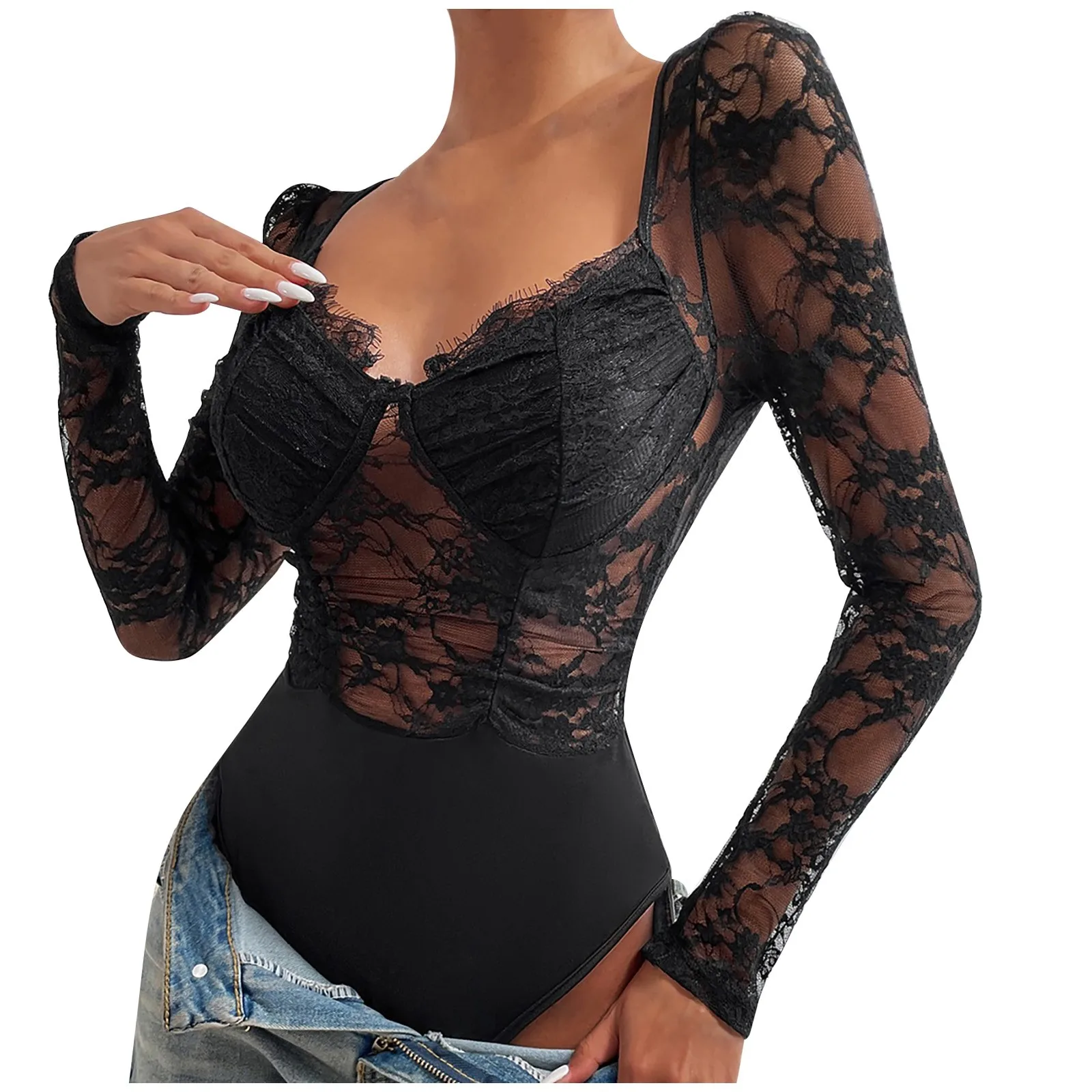 Black Mesh Lace Sexy Bodysuits Women Romper Long Sleeve Leotard Tops Skinny  Bodycon Jumpsuit Floral Lace Bodysuits Tops Lingerie