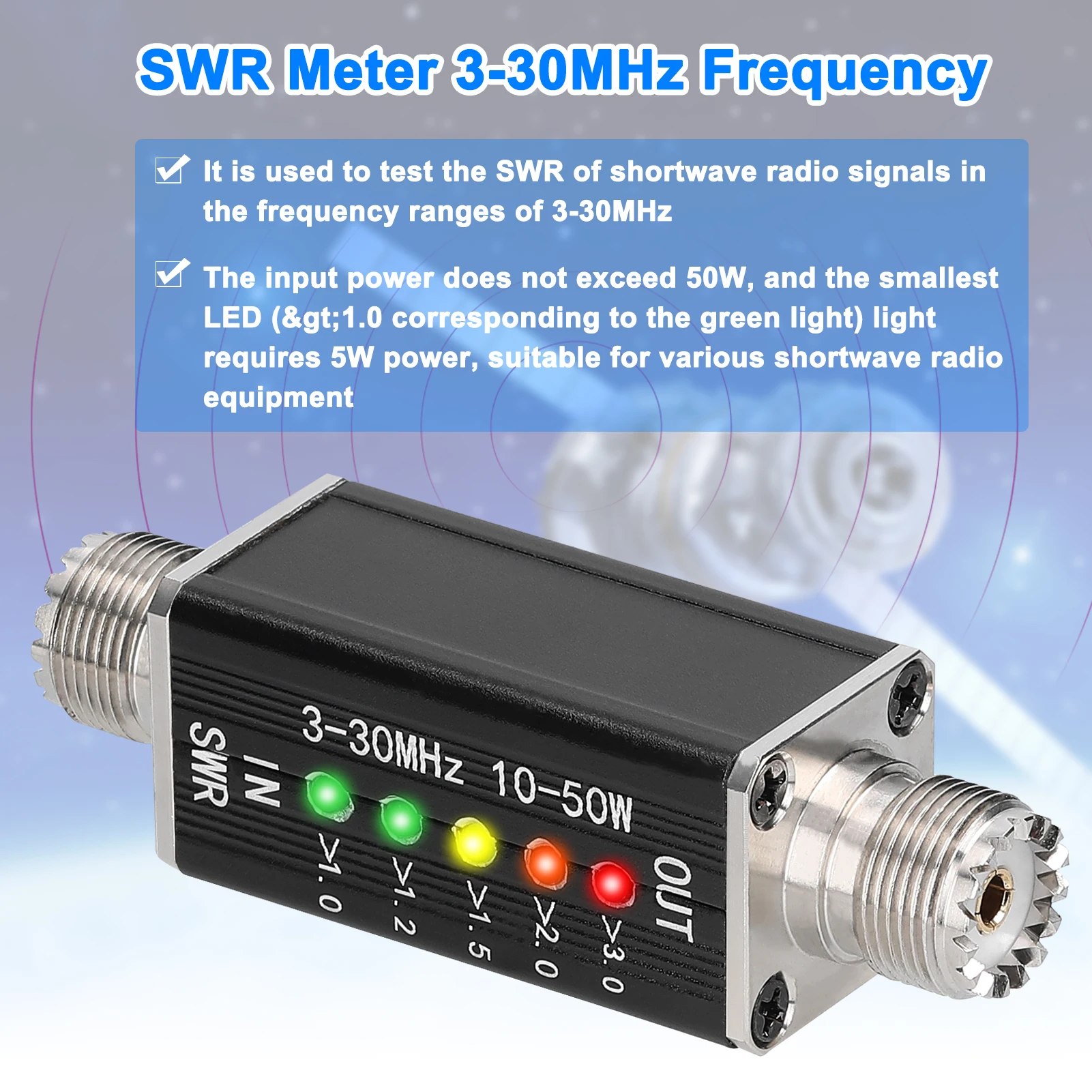 LED SWR Meter 3-30MHz Frequency Shortwave Standing Waves Indicator 5 LEDs M Female Interface antenna analyzer