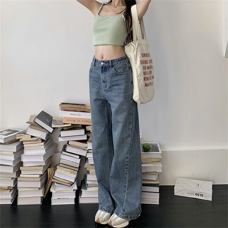 

Women's Retro Blue Wide Leg Jeans Summer New American Style Daily Match Trousers Female High Waist Straight Tube Denim Pants