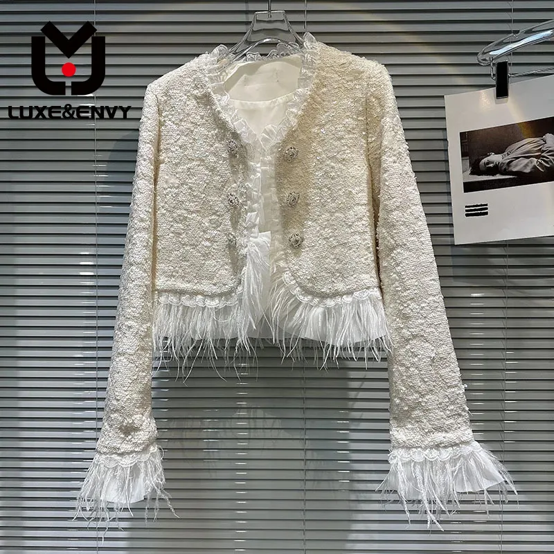 

LUXE&ENVY New Little Fragrant Ostrich Hair Lace Sequin Thick Tweed Top Short Coat 2023 Autumn