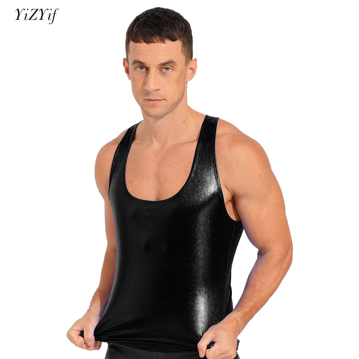 

Mens Sexy Metallic T-Shirt Tank Tops Sleeveless Racer Back Slim Fits Vest Camisole Nightclub Party Stage Performance Costumes