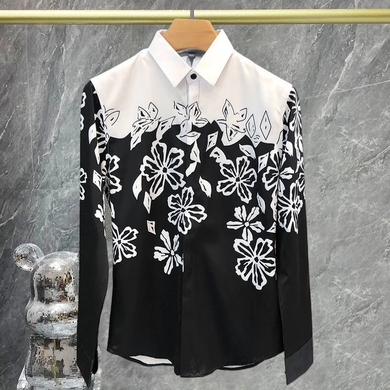 

Korean Contrast Color Shirt For Men High Quality Flowers Printed Black White Shirt Men Social Club Outfits Camiseta Masculina