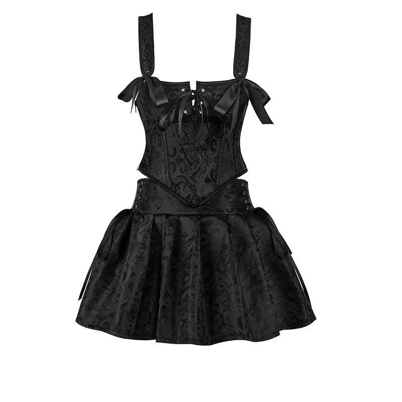 

Vintage Women Corset Dress Flower Print Overbust Top Gothic Bustier Burlesque Sexy Lingerie Corset Skirt Set Plus Size