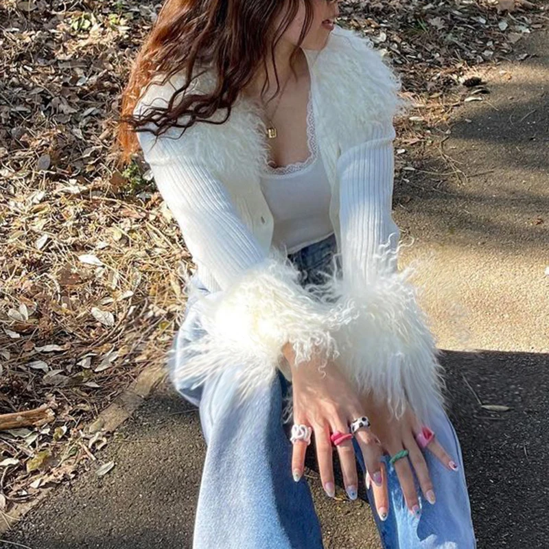 Winter  new Fur Collar and Cuffs Cropped Cardigan Sweaters Women Fairy Elegant Fashion Single Breasted Y2K Fairycore Jacket