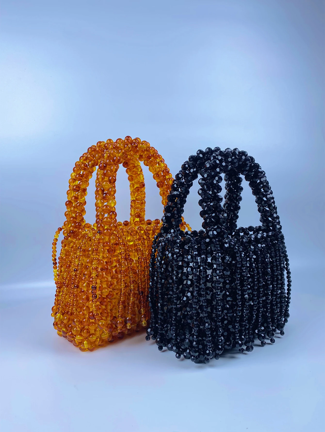 Beaded woven bag, amber acrylic cat eye beads, retro handbag