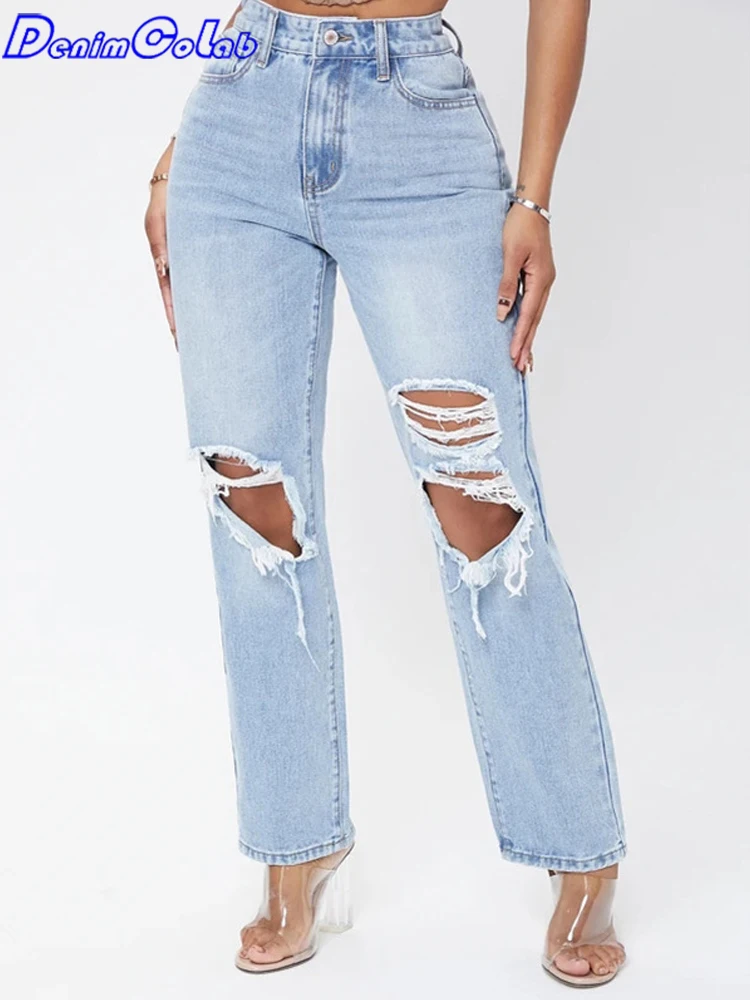 

Denimcolab Hole High Waist Women's Jeans Fashion Ripped Cotton Denim Straight Pants Ladies Non Strech Streetwear Denim Trousers