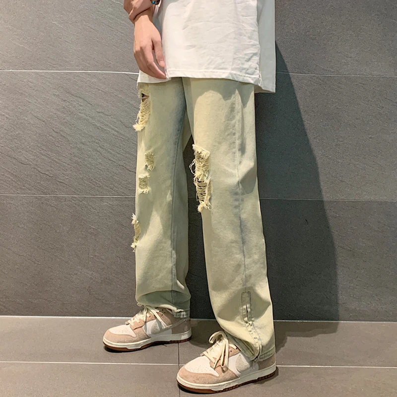 

High Street Ripped Jeans Men's Summer Design Retro Zipper Open Fork Casual Denim Trousers Straight Loose Wide Leg Jeans Pants