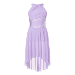 Teen Girls Modern Lyrical Dance Dress Latin Ballet Gymnastics Skating Clothes Sleeveless Shiny Rhinestone Ruched Leotard Tutu