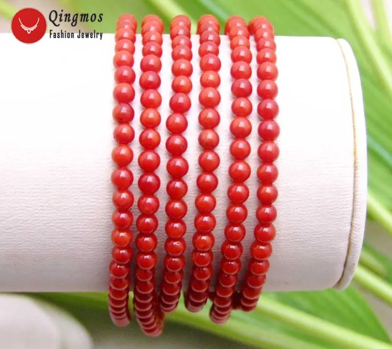 

Qingmos Fashion 3-4mm Round High Quality Natural Red Coral Bracelet for Women with 6 Strands 7.5" Stone Bracelet Fine Jewelry