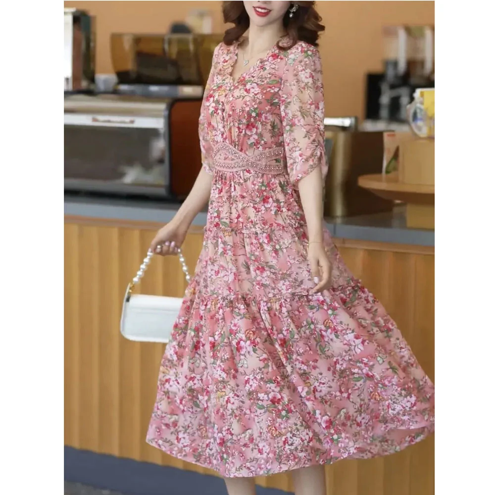 Pink Fragmented Chiffon Dress Women's 2023 Summer New