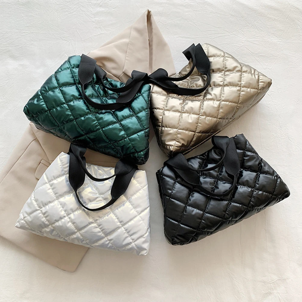 Fashion Tote Bag Autumn Winter Cotton Padded Shopping Bag Large Capacity Rhombus Pattern Quilted Travel Purse for Women Girl