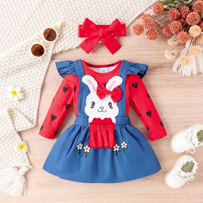 

Newborn Baby Girl Easter Outfit Heart Print Long Sleeve Romper + Bunny Embroidery Overall Dress + Bow Headband Infant Clothes