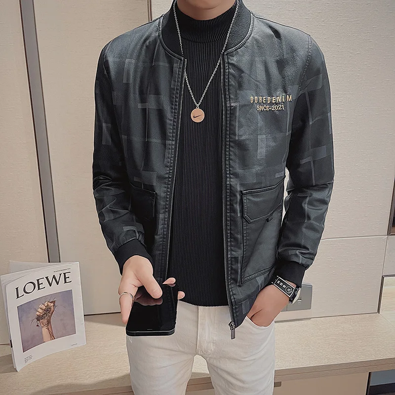 

Men's Spring and Autumn Solid Color Plaid Pu Leather Jacket Long Sleeve Coat Round Neck Zipper Casual Slim Daily New Style