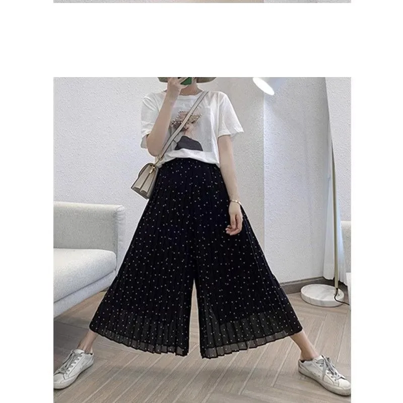 Spring Summer Women's Solid Gauze Polka Dot Printing Elastic High Waisted Wide Leg Casual Loose Sports Trousers Vacation Pants