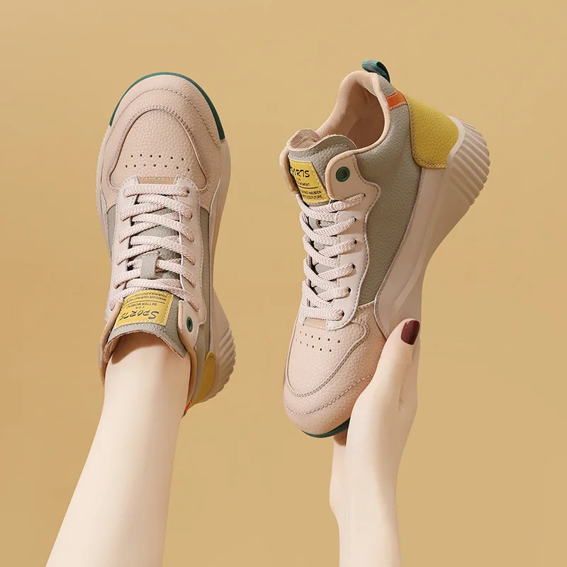 

Genuine leather sports high top shoes for women 2023 new flat bottomed soft bottomed casual mesh shoes, lightweight travel shoes