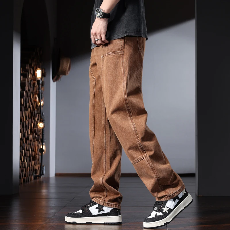 Baggy Cotton Men's Wide Leg Pants Brown Jeans Summer Casual Loose Denim Trousers CP2272