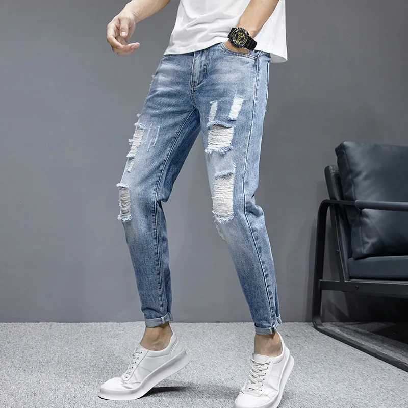 

Summer New Ripped Jeans Men's Slim Washed Light-colored Beggar Feet Pants