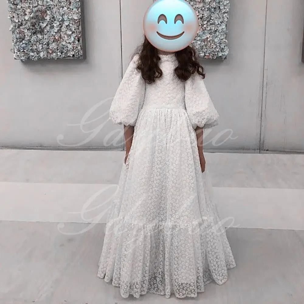 White Balloon Sleeve Flower Girl Dresses for Wedding Hollow Out Lace Milk Lace Kids Baby Pageant First Communion Ball Gown flower girl dresses