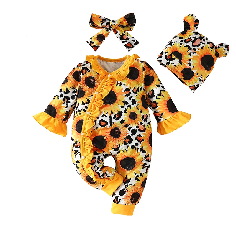 0-18Months Newborn Baby Girl Clothes Romper Outfits Flared Sleeve Floral Ruffle Bodysuits Hat with Hairband Toddler Gril Costume