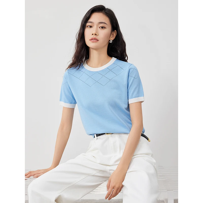 TOYOUTH Women Knitwear Summer Ice Refreshing Silk Short Sleeved Top