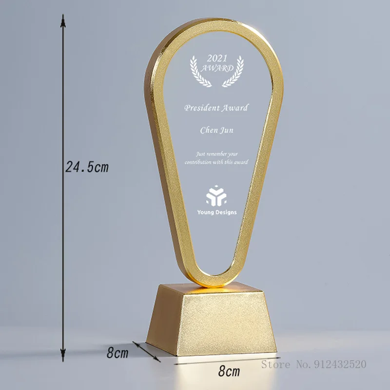 Personalized Custom Metal Geometric Shape Base Crystal Trophy, Electroplating Gold, Creative Event, Souvenir, Home Decoration