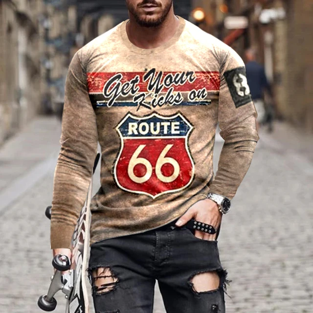 Printed T-shirt Men's Autumn and Winter Loose Clothes Long-sleeved Vintage American Route 66 Letters Fashion O-neck Shirt 5xl 5