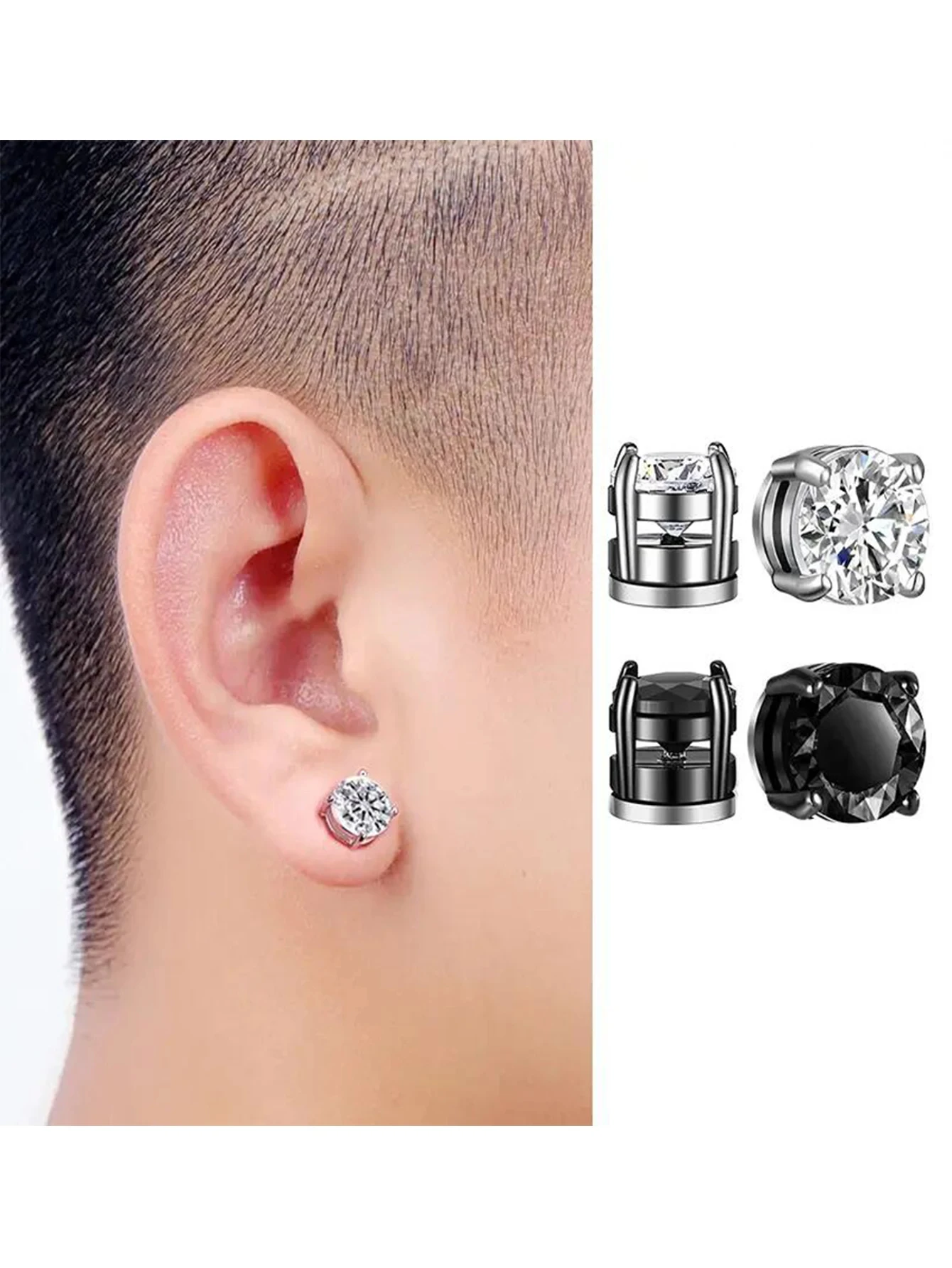 1-10 Pairs of Men's Fashionable Ear Hole Free Magnet Zircon Stainless Steel False Earring Set Unisex Non Piercing Clip Earrings 3