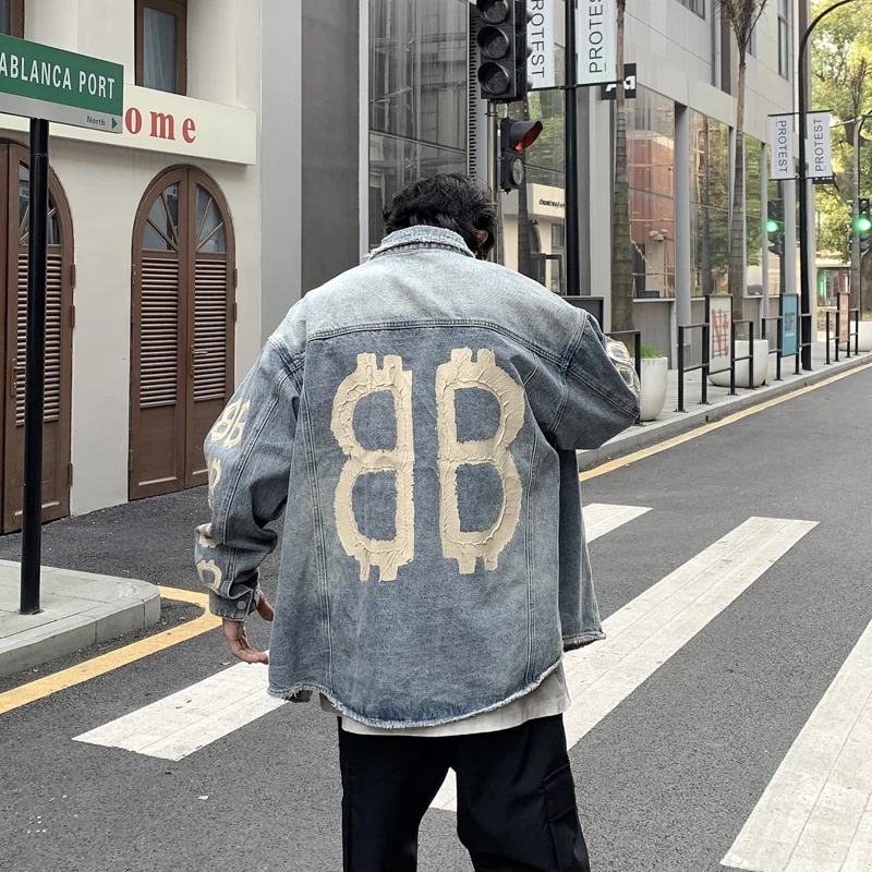 

Street shooting personality American retro printing denim jacket men tide ins casual baseball uniform tide brand men's clothing