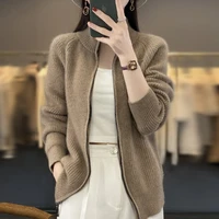 100% Pure Wool Zipper Cardigan Padded Shoulder Stand Collar Women's Cashmere Knitted Coat New Lapel Sweater - Image 3