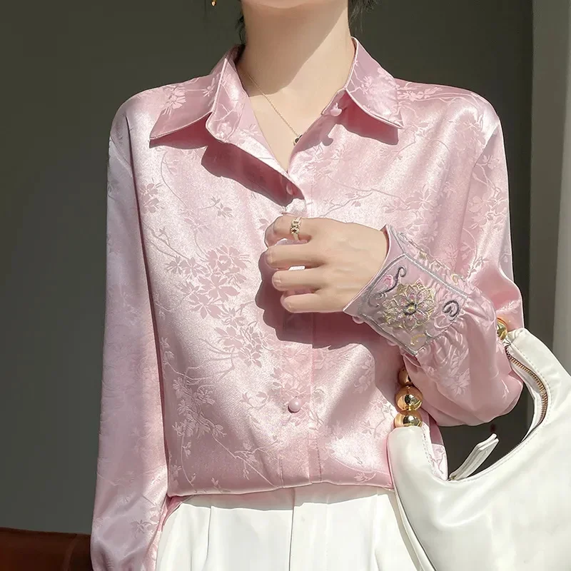 

Женская рубашка с длинным рукавом, жаккардовая рубашка из уксусного атласа в китайском стиле ретро, весна-лето 2024