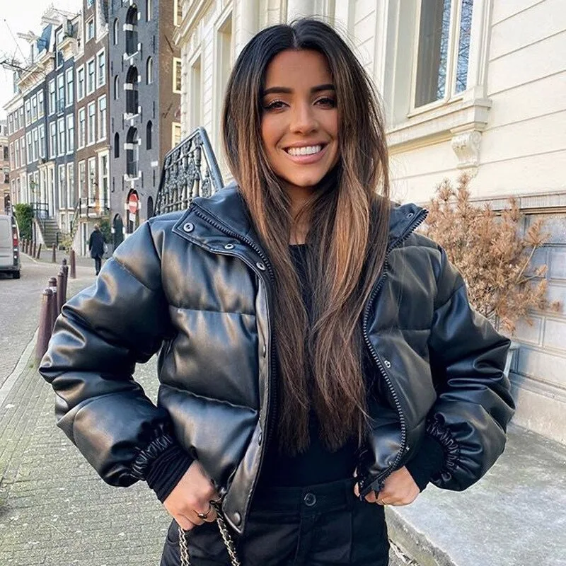 

2023 Autumn and Winter New Leather Coat Women's Standing Collar Short Warm Bread Cotton Coat
