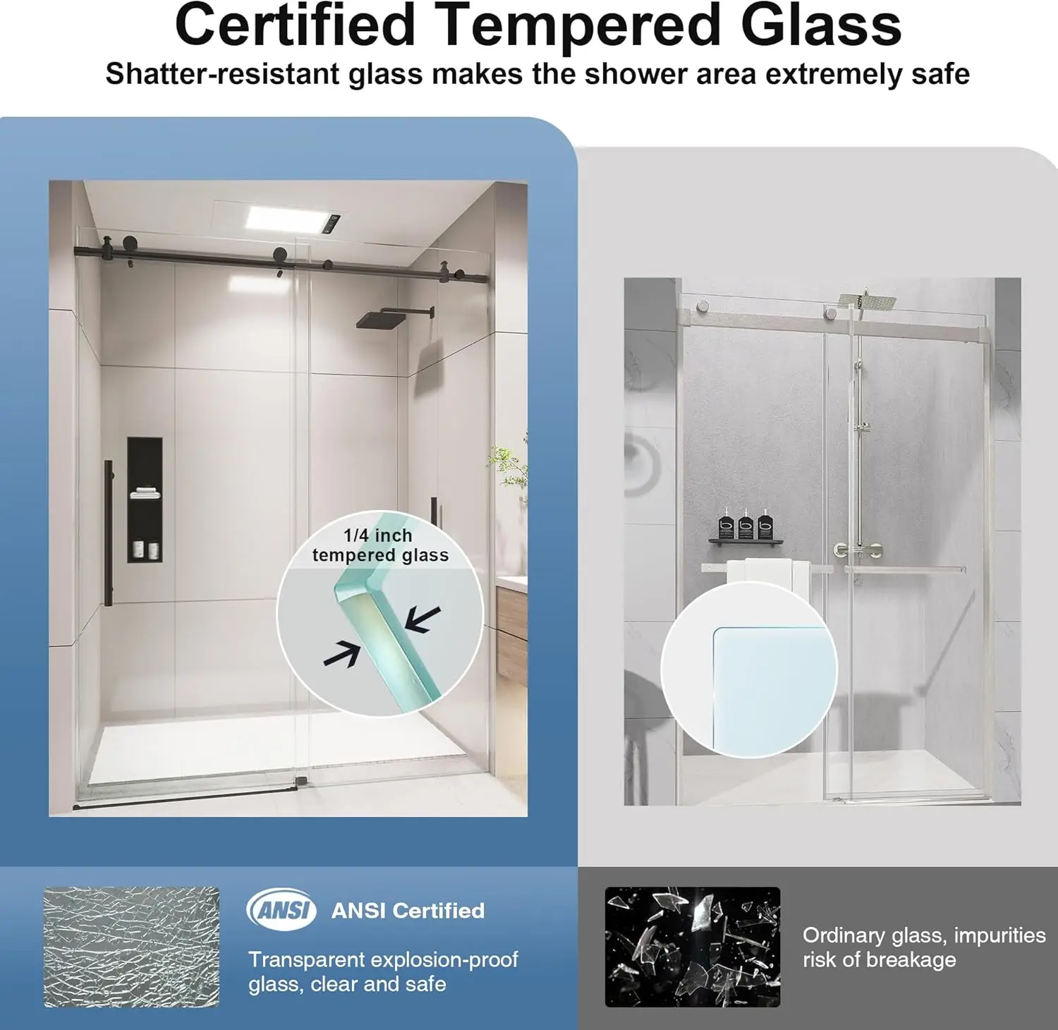 Kpuy Frameless Shower Door, 56-60"" W X 76"" H Glass Shower Door, Sliding Shower Door With 1/4"" (6Mm) Tempered Glass, 3
