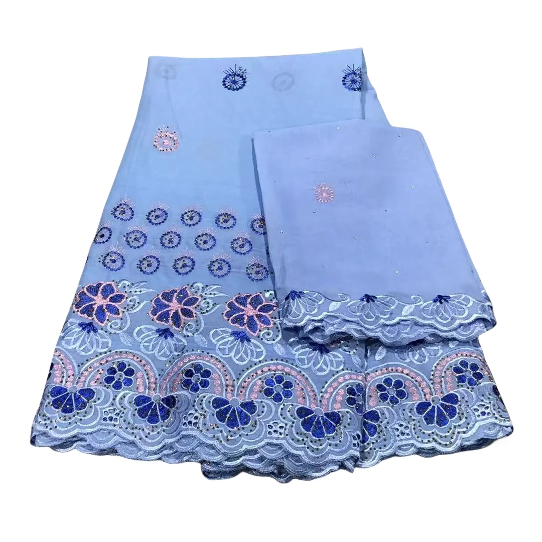 

Blue Swiss Voile Lace Fabric and Scarf Set for Women Dress, African Nigerian Lace Fabrics with Stones, 5 + 2 Yards