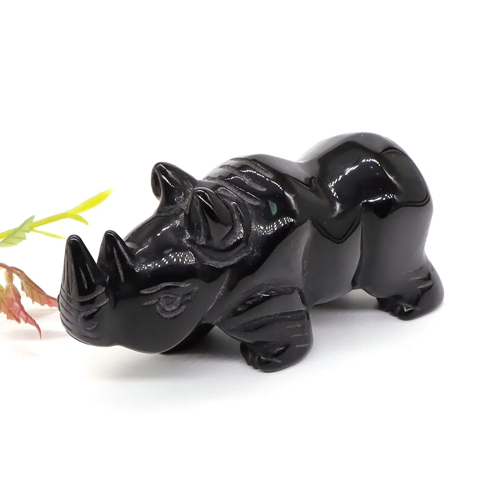 

4" Rhinoceros Statue Natural Stone Black Obsidian Carved Reiki Healing Crystal Animal Figurine Feng Shui Crafts Home Decoration