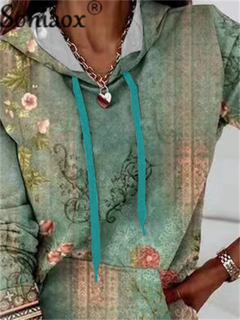Women's Botanical Flower Print Drawstring Hooded Sweatshirt Kangaroo Pocket Pullover Hoodie Ladies Intellectual Style Outerwear