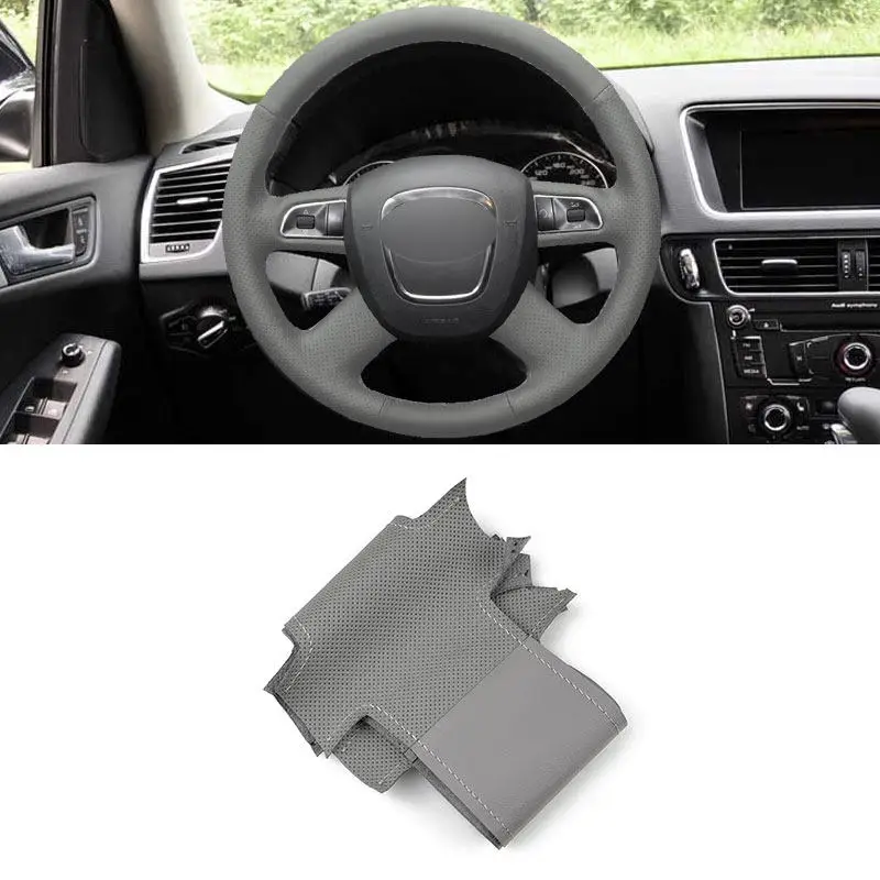 Für Audi 4-Speichen mit Knopf A3 8P A4 B8 A5 8T A6 C6 A8 D3 Q5 8R Q7 4L Auto-Innenlenkradbezug Graue perforierte Lederbesatz