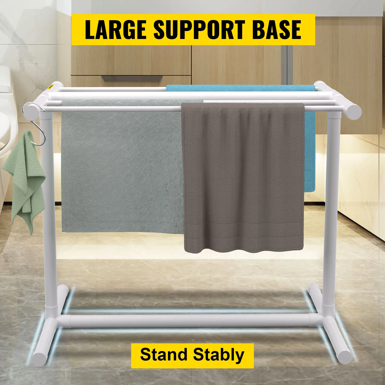 VEVOR 5 Bar Pool Towel Rack PVC T-shape White/Brown Freestanding Outdoor Poolside Storage Organizer W/ Stores Floats & Paddles