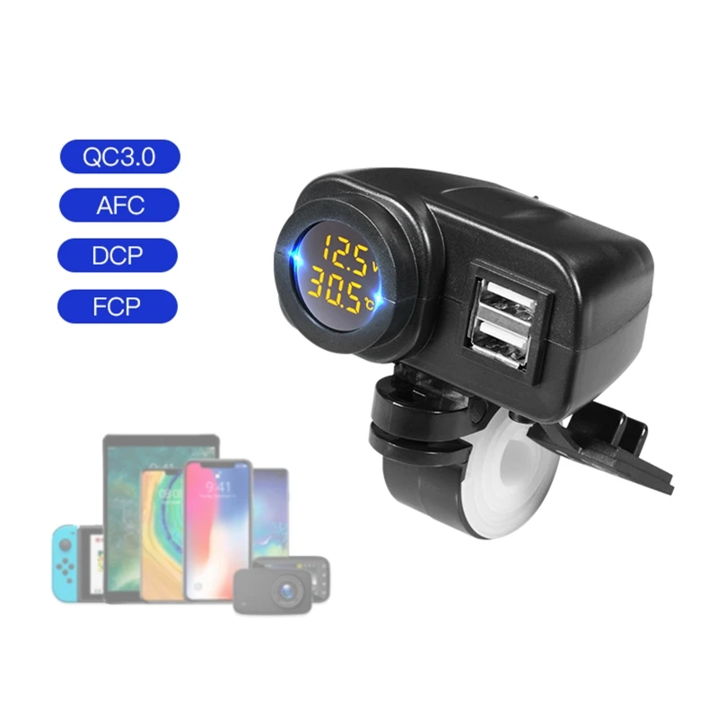 

QC3.0 Usb Motorcycle Quick Charge Plug Temperature Display On/Off Waterproof Dual Usb 12V 24V M76E