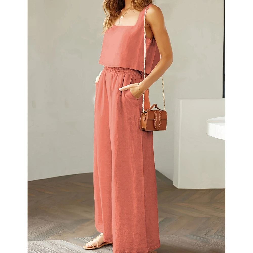 Pantsuit 2 Piece Set for Women 2024 Casual Solid Sleeveless Square Neck Crop Top & Wide Leg Pants Sets Ensemble Femme Suits y2k
