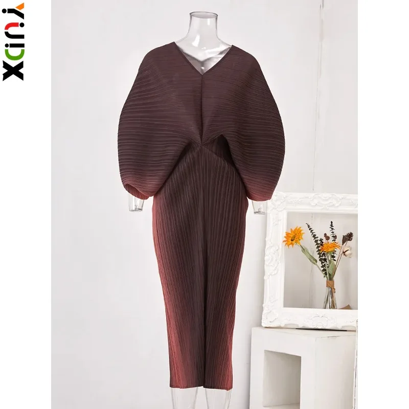 

YUDX Miyake Gradient Pleated Dress Women V-Neck Batwing Sleeves Long Dresses Elegant Party Clothing 2024 Spring New Clothing