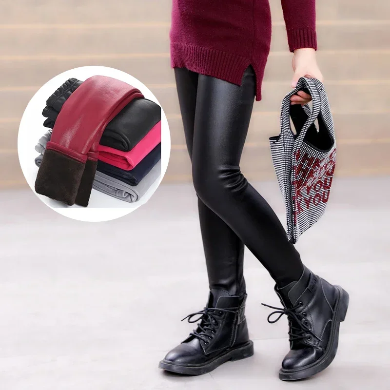Baby Girls Leggings Winter Kids Thick Velvet Pencil Pants Children Warm Trousers Faux PU Leather Slim Pant Girl Leggings